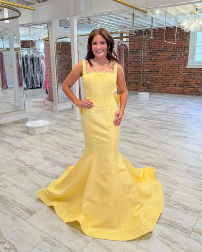 Yellow Satin Mermaid Prom Dress with Pearl Trim, Low Back and Oversized Bow - P26058