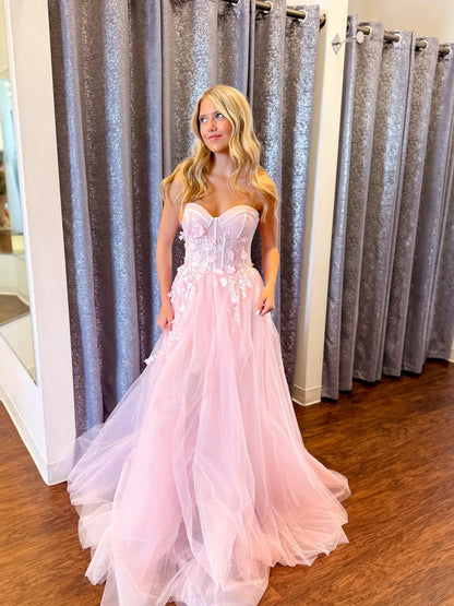 Blush Pink Floral Lace Corset Prom Dress with Glitter Tulle A-Line Skirt - P26059