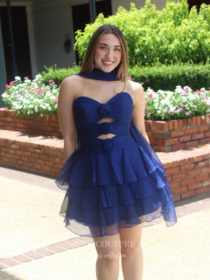 Navy Blue Rosette Cutout Homecoming Dress with Tiered Chiffon Ruffle Skirt - P26061