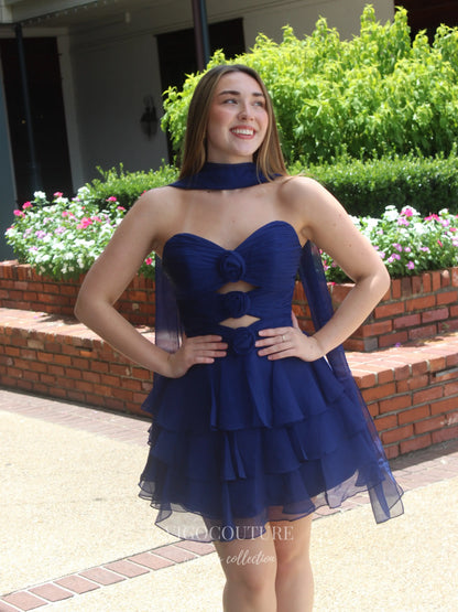 Navy Blue Rosette Cutout Homecoming Dress with Tiered Chiffon Ruffle Skirt - P26061