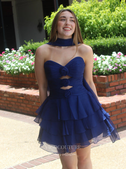 Navy Blue Rosette Cutout Homecoming Dress with Tiered Chiffon Ruffle Skirt - P26061