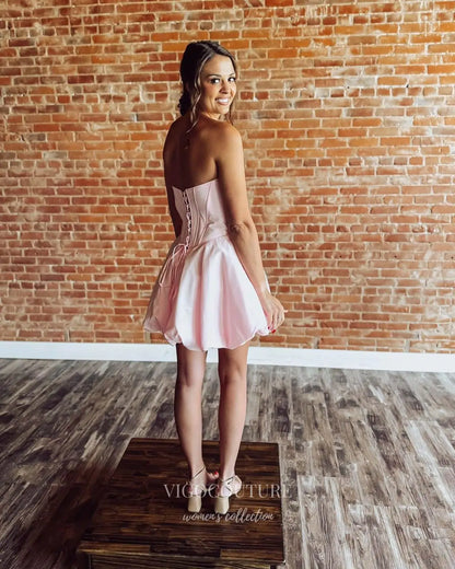 Blush Pink Satin Corset Homecoming Dress with Bubble Skirt and Rosette - P26062