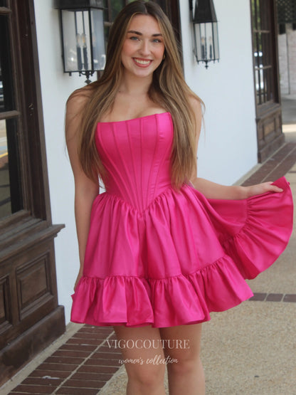 Hot Pink Satin Corset Homecoming Dress with Tiered Ruffle Skirt - P26066