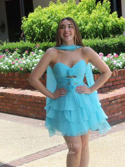Aqua Blue Rosette Cutout Homecoming Dress with Tiered Chiffon Ruffle Skirt - P26067
