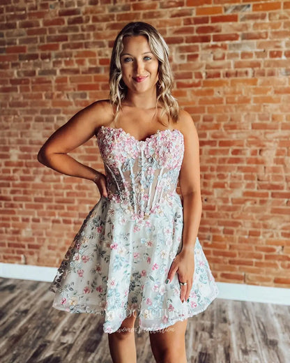 Pastel 3D Floral Homecoming Dress with Strapless Sheer Corset and Lace-Up Back - P26068