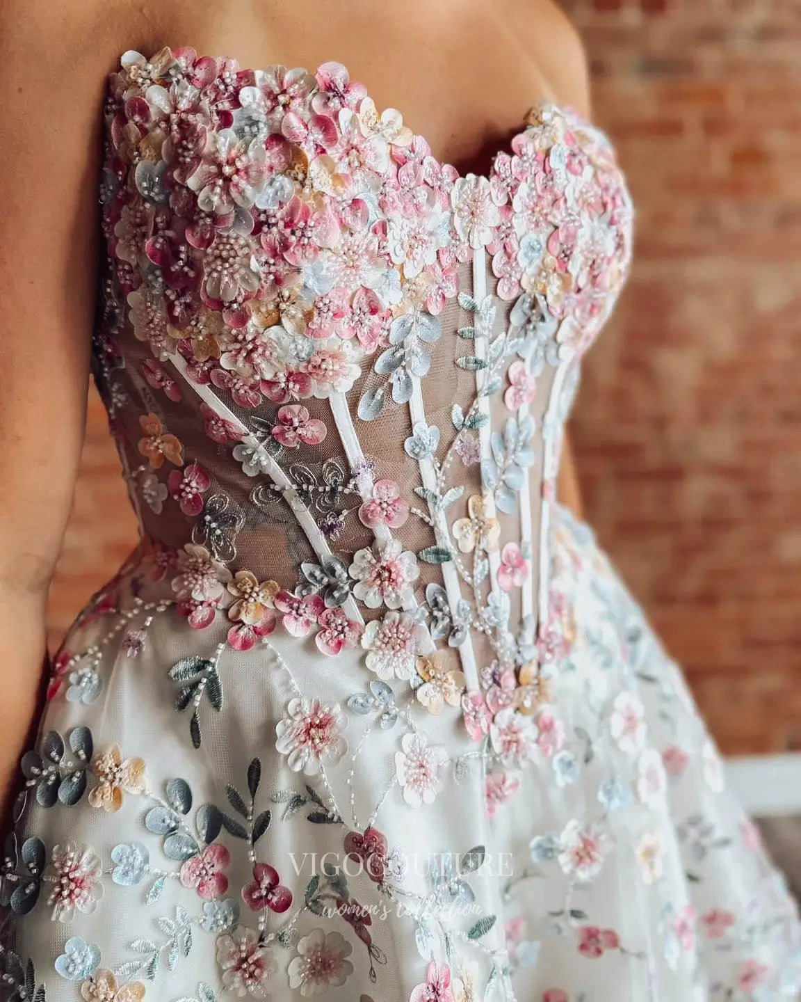 Pastel 3D Floral Homecoming Dress with Strapless Sheer Corset and Lace-Up Back - P26068