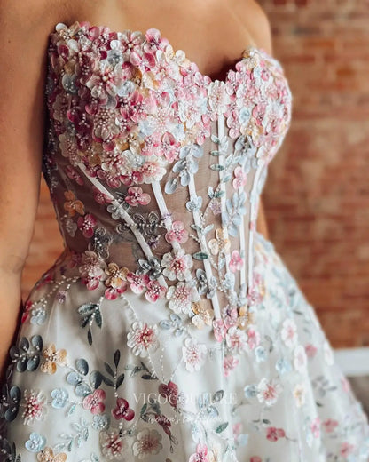 Pastel 3D Floral Homecoming Dress with Strapless Sheer Corset and Lace-Up Back - P26068