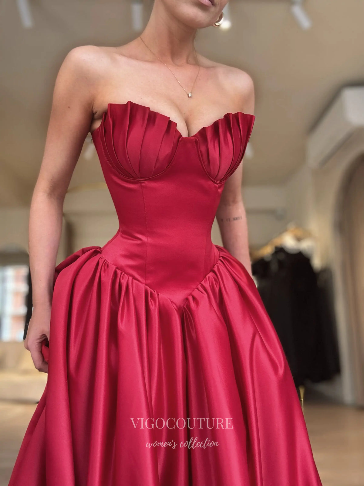 Red Satin Corset Prom Dress with Sculptural Pleated Bust and Basque Waist - P26070
