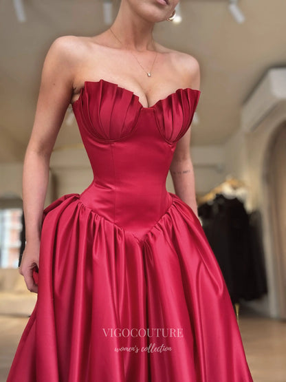 Red Satin Corset Prom Dress with Sculptural Pleated Bust and Basque Waist - P26070