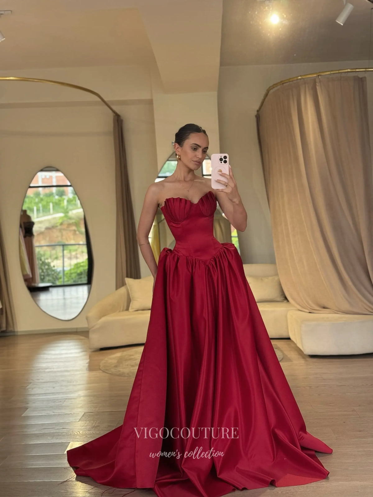 Red Satin Corset Prom Dress with Sculptural Pleated Bust and Basque Waist - P26070