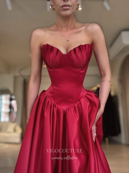 Red Satin Corset Prom Dress with Sculptural Pleated Bust and Basque Waist - P26070