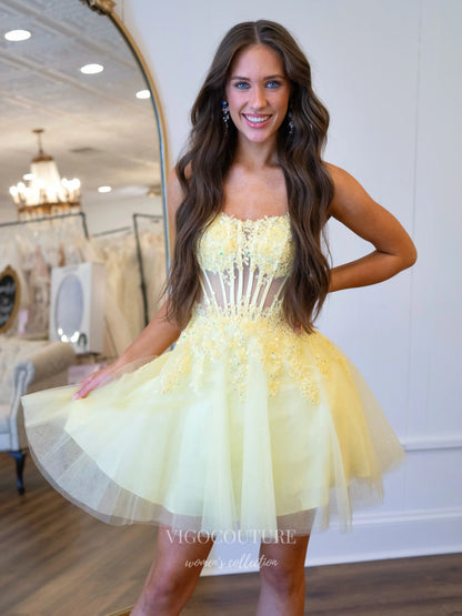 Yellow Floral Lace Corset Homecoming Dress with Tulle Mini Skirt - P26071
