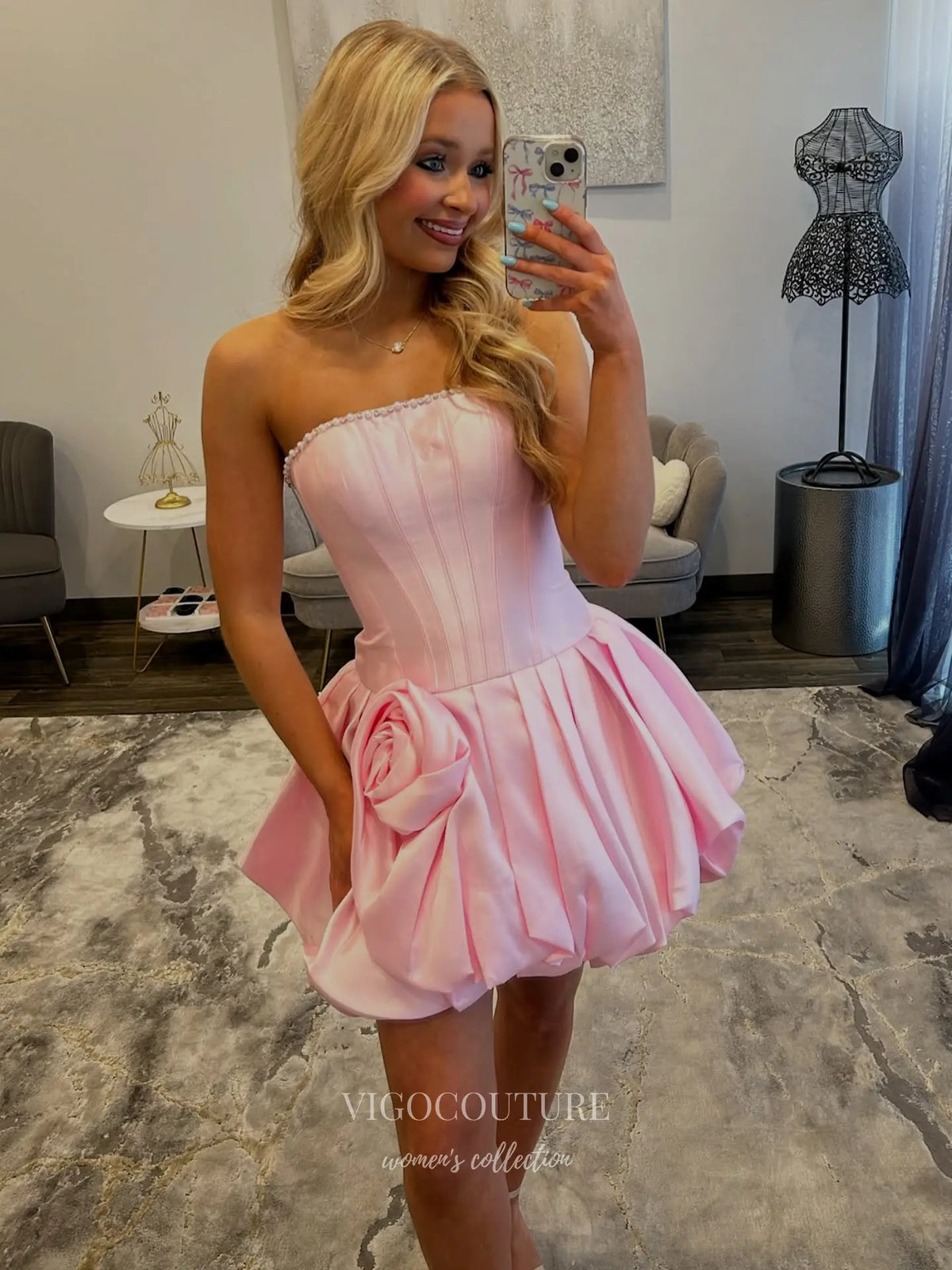 Pink Strapless Corset Short Prom Dress with 3D Rose and Bubble Hem - P26072