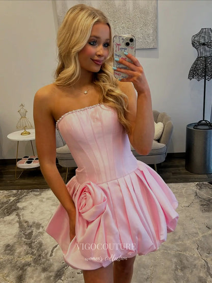 Pink Strapless Corset Short Prom Dress with 3D Rose and Bubble Hem - P26072