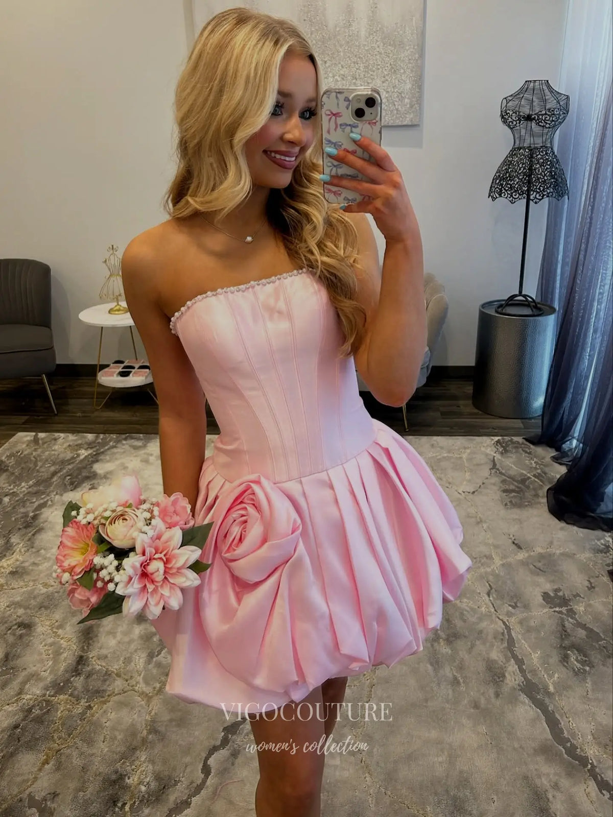 Pink Strapless Corset Short Prom Dress with 3D Rose and Bubble Hem - P26072