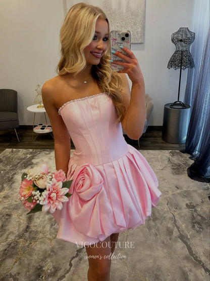 Pink Strapless Corset Short Prom Dress with 3D Rose and Bubble Hem - P26072