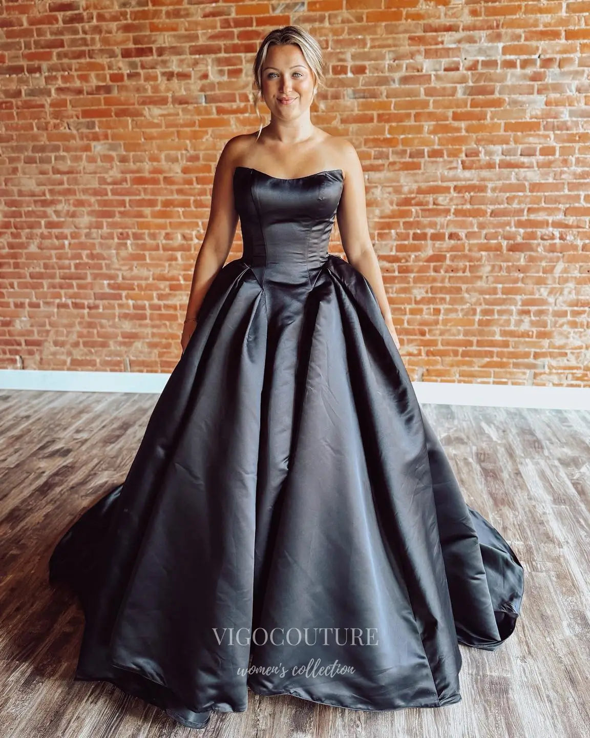 Black Satin Strapless Ball Gown Prom Dress with Chapel Train and Covered Buttons - P26073