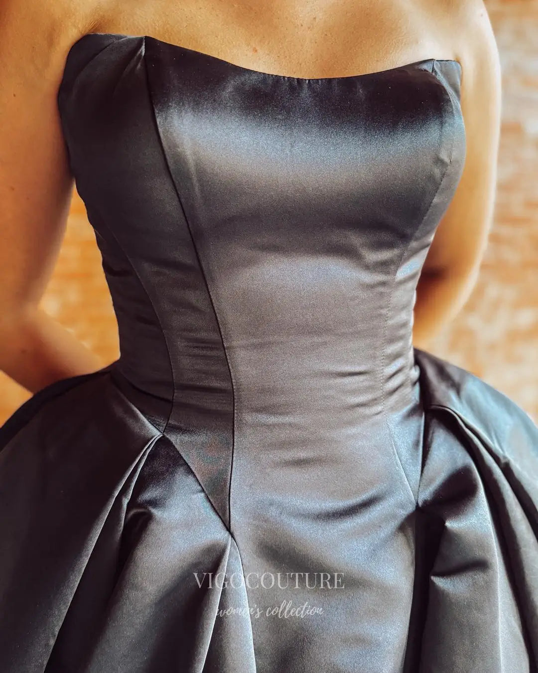 Black Satin Strapless Ball Gown Prom Dress with Chapel Train and Covered Buttons - P26073