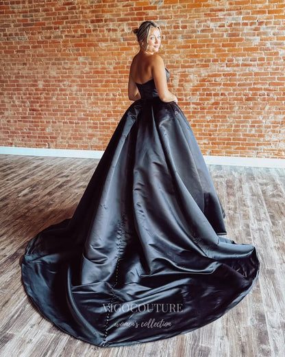 Black Satin Strapless Ball Gown Prom Dress with Chapel Train and Covered Buttons - P26073