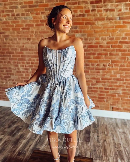 Dusty Blue Floral Strapless Corset Short Prom Dress with Basque Waist and Ruffle Hem - P26076