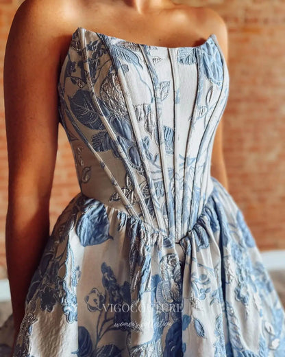 Dusty Blue Floral Strapless Corset Short Prom Dress with Basque Waist and Ruffle Hem - P26076