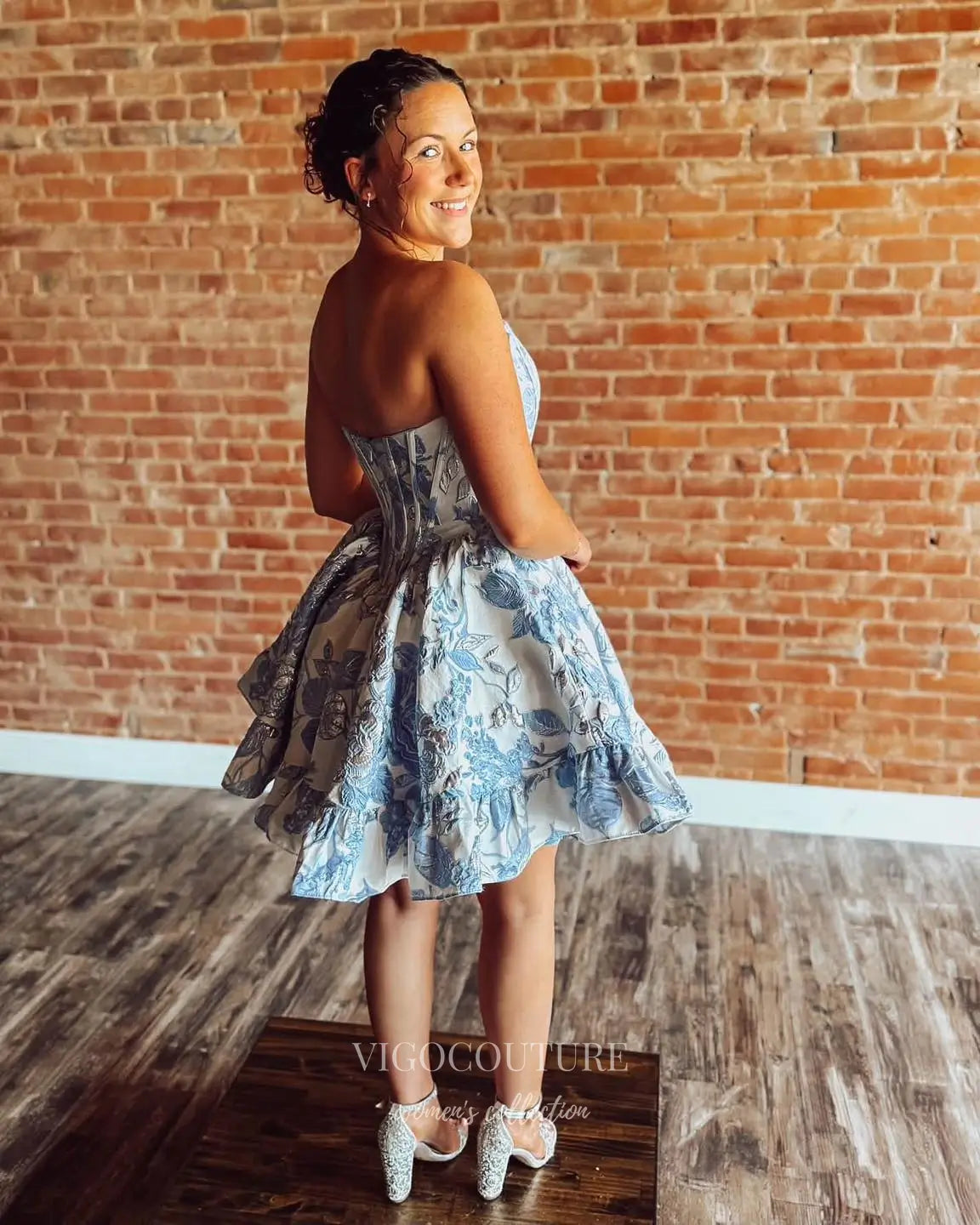 Dusty Blue Floral Strapless Corset Short Prom Dress with Basque Waist and Ruffle Hem - P26076
