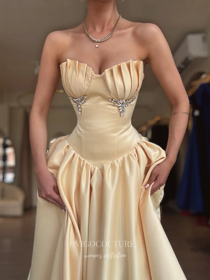 Champagne Gold Satin Strapless Prom Dress with Pleated Bust, Jeweled Accents and Basque Waist - P26077