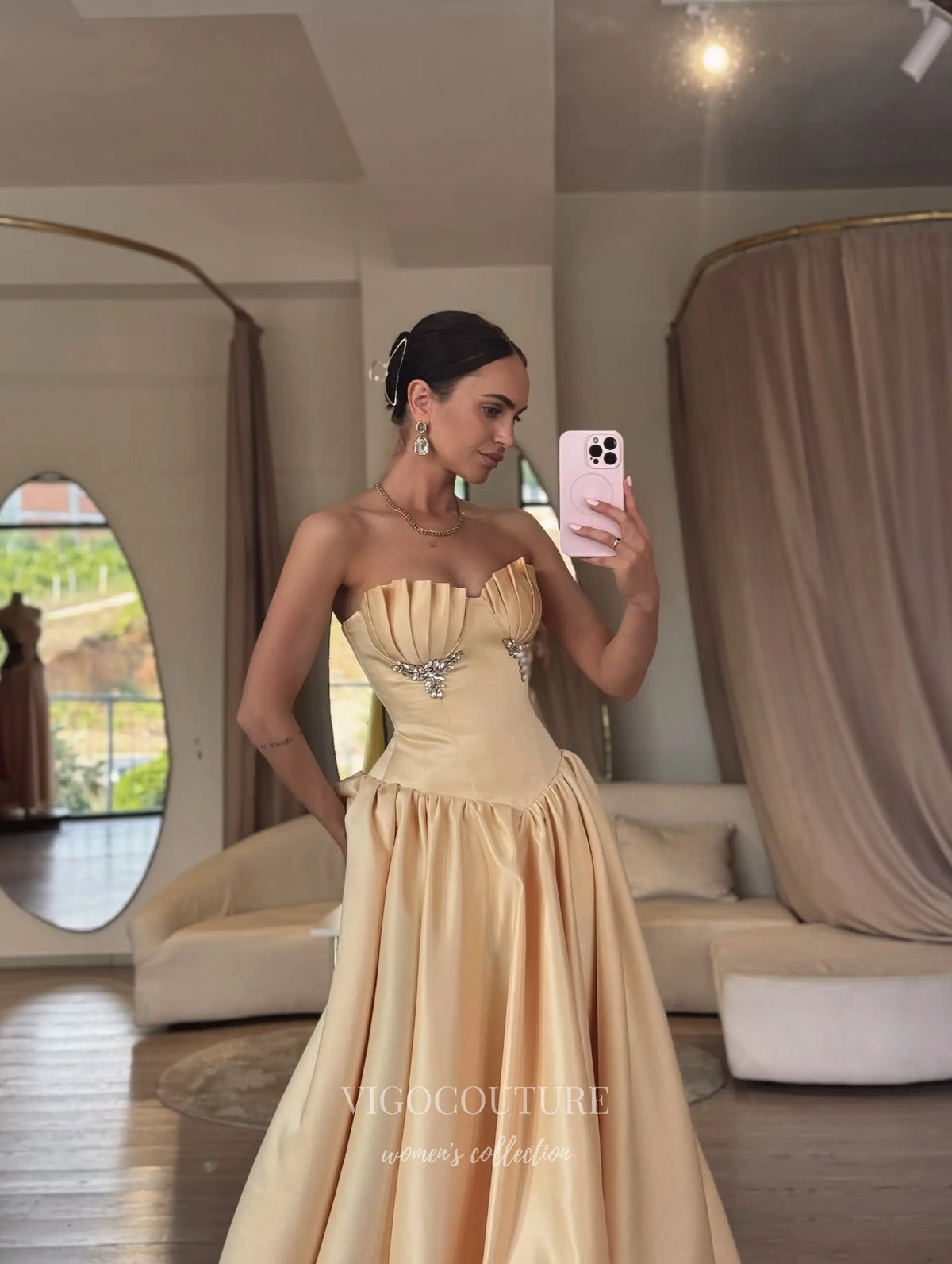 Champagne Gold Satin Strapless Prom Dress with Pleated Bust, Jeweled Accents and Basque Waist - P26077