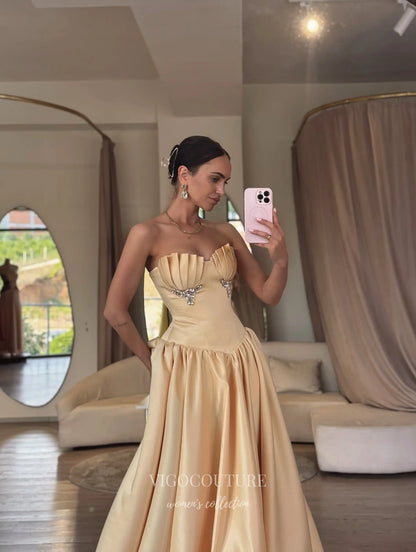 Champagne Gold Satin Strapless Prom Dress with Pleated Bust, Jeweled Accents and Basque Waist - P26077