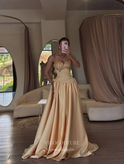 Champagne Gold Satin Strapless Prom Dress with Pleated Bust, Jeweled Accents and Basque Waist - P26077
