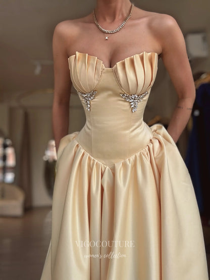Champagne Gold Satin Strapless Prom Dress with Pleated Bust, Jeweled Accents and Basque Waist - P26077