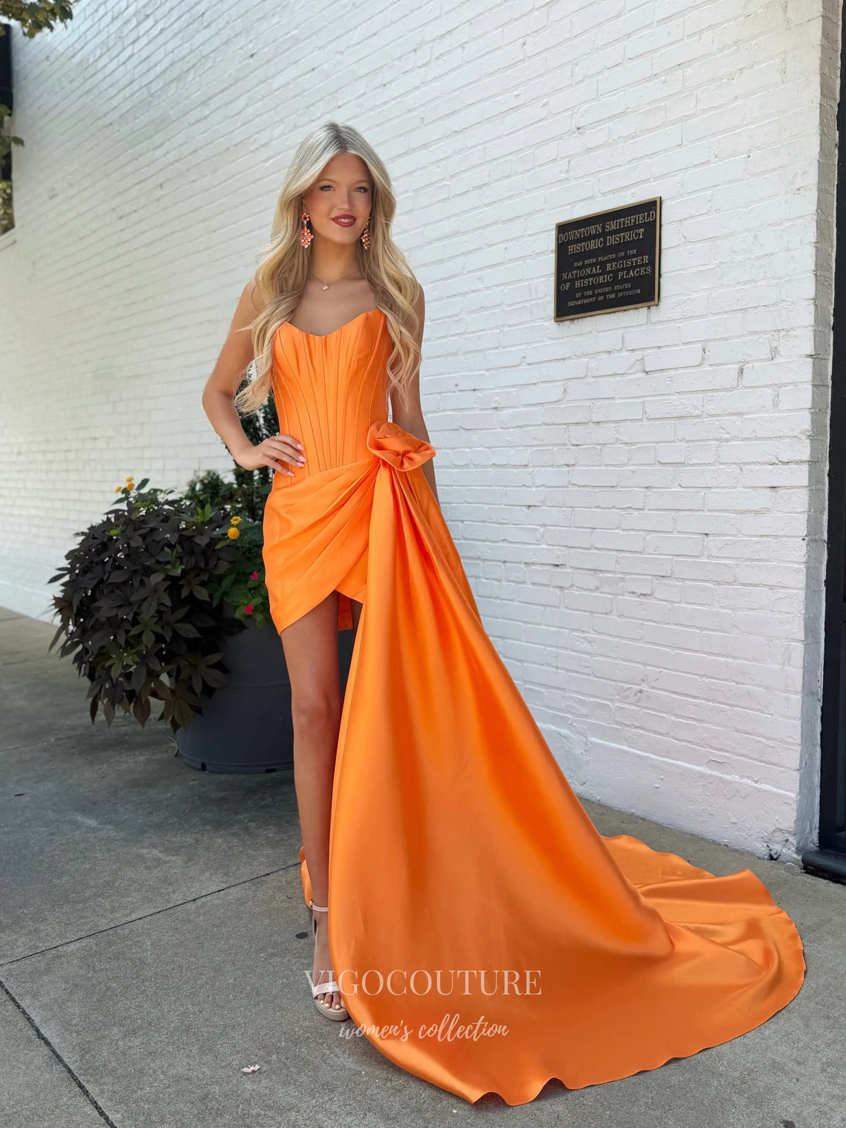 Orange Satin Strapless Corset Prom Dress with Draped Mini Skirt, 3D Flower and Side Train - P26081