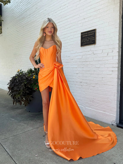 Orange Satin Strapless Corset Prom Dress with Draped Mini Skirt, 3D Flower and Side Train - P26081