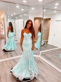 Aqua Lace Applique Mermaid Prom Dresses Boned Bodice Strapless Evening Dress 24065-Prom Dresses-vigocouture-Aqua-Custom Size-vigocouture