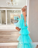 Aqua Ruffled High-Low Prom Dresses Lace Applique Evening Dress 24046