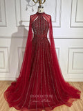 Beaded Cape Sleeve Prom Dresses Sparkly High Neck Pageant Dress 24526-Prom Dresses-vigocouture-Red-US2-vigocouture