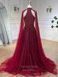 Beaded Cape Sleeve Prom Dresses Sparkly High Neck Pageant Dress 24526-Prom Dresses-vigocouture-Red-US2-vigocouture