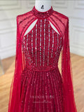 Beaded Cape Sleeve Prom Dresses Sparkly High Neck Pageant Dress 24526-Prom Dresses-vigocouture-Red-US2-vigocouture