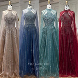 Beaded Cape Sleeve Prom Dresses Sparkly High Neck Pageant Dress 24526-Prom Dresses-vigocouture-Red-US2-vigocouture