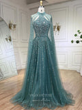 Beaded Cape Sleeve Prom Dresses Sparkly High Neck Pageant Dress 24526-Prom Dresses-vigocouture-Green-US2-vigocouture