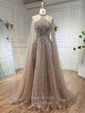 Beaded Cape Sleeve Prom Dresses Sparkly High Neck Pageant Dress 24526-Prom Dresses-vigocouture-Khaki-US2-vigocouture