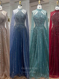 Beaded Cape Sleeve Prom Dresses Sparkly High Neck Pageant Dress 24526