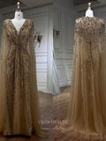 Beaded Cape Sleeve Sheath Prom Dresses V-Neck Pageant Dress 24534-Prom Dresses-vigocouture-Green-US2-vigocouture