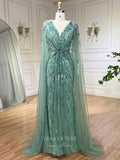 Beaded Cape Sleeve Sheath Prom Dresses V-Neck Pageant Dress 24534-Prom Dresses-vigocouture-Green-US2-vigocouture