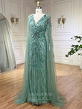 Beaded Cape Sleeve Sheath Prom Dresses V-Neck Pageant Dress 24534-Prom Dresses-vigocouture-Green-US2-vigocouture