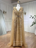 Beaded Cape Sleeve Sheath Prom Dresses V-Neck Pageant Dress 24534-Prom Dresses-vigocouture-Gold-US2-vigocouture