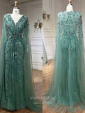 Beaded Cape Sleeve Sheath Prom Dresses V-Neck Pageant Dress 24534-Prom Dresses-vigocouture-Green-US2-vigocouture