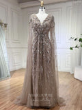 Beaded Cape Sleeve Sheath Prom Dresses V-Neck Pageant Dress 24534-Prom Dresses-vigocouture-Khaki-US2-vigocouture