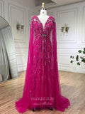 Beaded Cape Sleeve Sheath Prom Dresses V-Neck Pageant Dress 24534-Prom Dresses-vigocouture-Magenta-US2-vigocouture