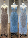 Beaded Feather Mermaid Pageant Dresses Spaghetti Strap Evening Dress 25027-Prom Dresses-vigocouture-As Pictured-US2-vigocouture